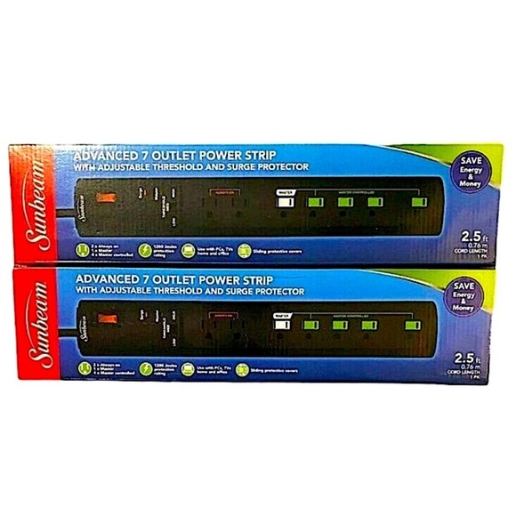 Sunbeam Advanced 7 Outlet Power Strip With Surge Protector Lot of 2. - Picture 1 of 7